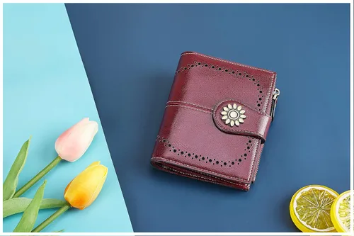 Vista 5 de Lavemi Cartera de cuero para mujer, pequeña, compacta, con bloqueo RFID, con bolsillo con cremallera