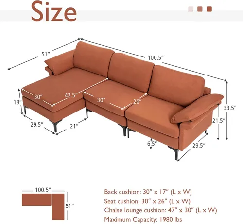Vista 3 de OUDINI Sofá modular moderno en forma de L, sofá seccional de tela de lino, con diván reversible y 2 puertos USB para sala de estar, apartamento