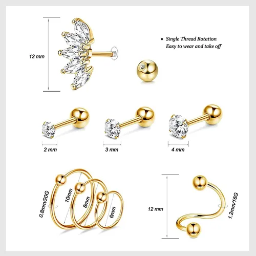 Vista 3 de UBOORY Aretes de cartílago, aretes hipoalergénicos, joyería de piercing para tragus, aretes de daith, aretes de hélice, joyería de piercing