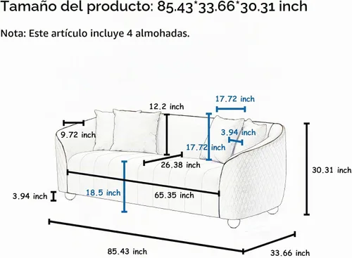 Vista 2 de Juego de sofá de terciopelo de 2 piezas, cómodo juego de muebles de sala de estar de 85 pulgadas, sofá tapizado de 3 plazas con patas doradas y 8