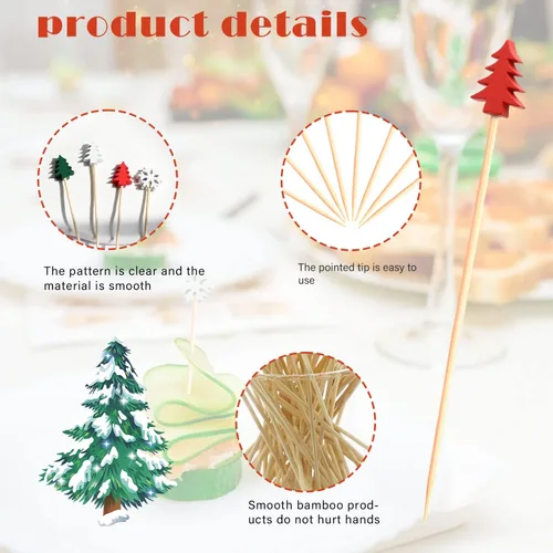 Vista 3 de 100 palillos de cóctel de árbol de Navidad con copos de nieve de 4.7 pulgadas de largo, palillos de frutas, sándwich de aperitivo, brochetas