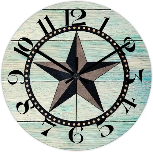 Vista 8 de Reloj de pared redondo de estilo rústico con estrellas del oeste de Texas, reloj de madera, silencioso, sin tictac, funciona con pilas, con números