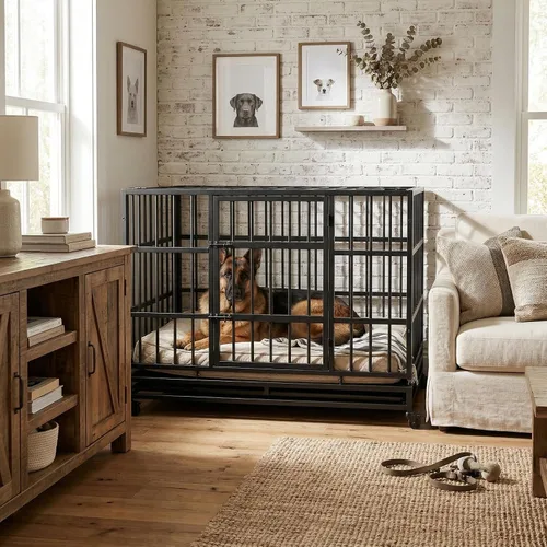 Vista 6 de Jaula plegable indestructible para perros con ruedas, jaula de metal resistente a prueba de escapes de 48 pulgadas para perros grandes y medianos
