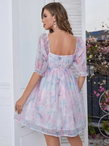 Vista 2 de WDIRARA Vestido de organza con estampado floral y cuello cuadrado y manga abombada para mujer