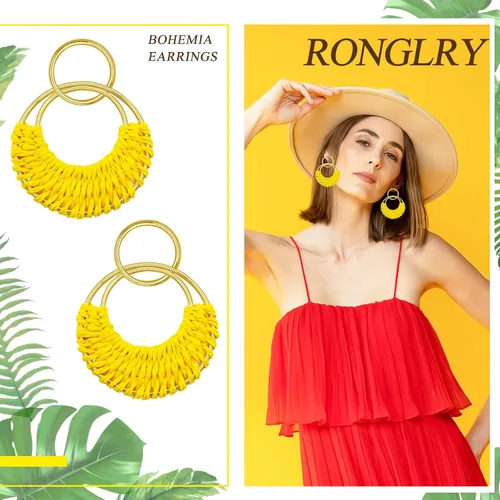 Vista 4 de Ronglry Aretes bohemios de ratán de rafia para mujeres y niñas, ligeros, hechos a mano, de mimbre trenzado, grandes, divertidos, modernos, regalos