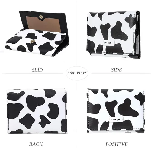 Vista 5 de Linda cartera pequeña Copmact para mujeres y niñas, triple tarjetero para identificación, ventana, bolsillo para efectivo, estampado de vaca