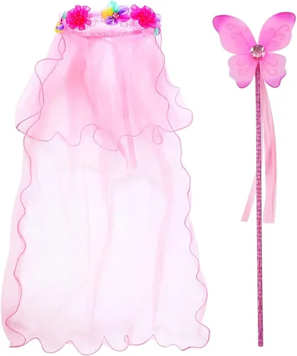 Vista 4 de Disfraz de hada, disfraz de Sinuo con alas, tutú, varita y velo, conjunto de princesa para niñas de 3 a 8 años (rosa)