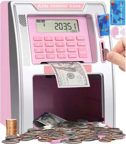 Vista 8 de Fishboy Caja de ahorros parlante estilo cajero automático para niños con dos tarjetas de débito, memoria de apagado, cajón de apertura automática