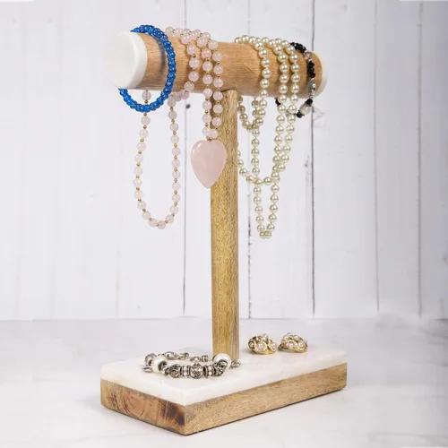 Vista 8 de Creative Home 74863Natural Mármol Blanco & Mango Madera Collar, Bangle Bar, Display Stand