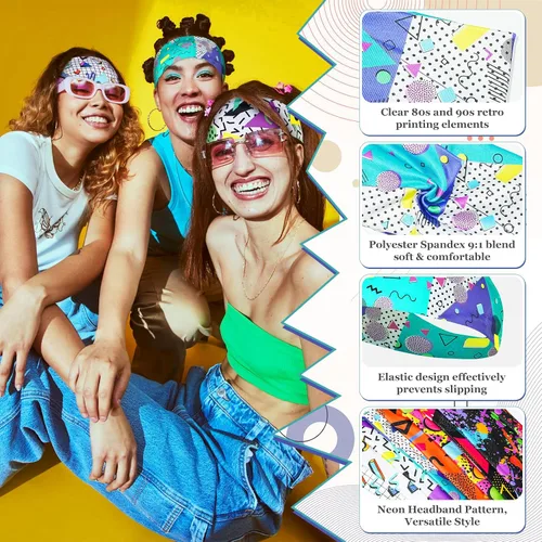 Vista 4 de Paquete de 8 diademas de neón con estampado de los años 80 y 90, accesorios retro de los años 80, trajes de los años 90 para mujeres, banda
