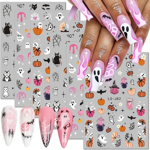 Vista 13 de 24 hojas de calcomanías de arte de uñas de Halloween autoadhesivas 3D, fantasma, calabaza, murciélago, gato, cráneo, diseños de uñas, calcomanías