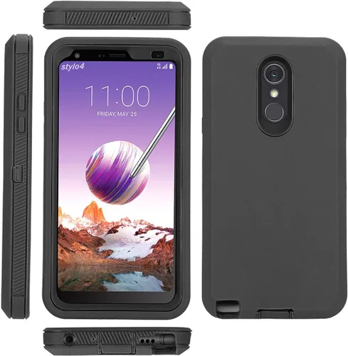 Vista 4 de Funda para LG Stylo 4 Plus con protector de pantalla integrado, híbrido de alto impacto resistente resistente a los golpes de cuerpo completo a Negro