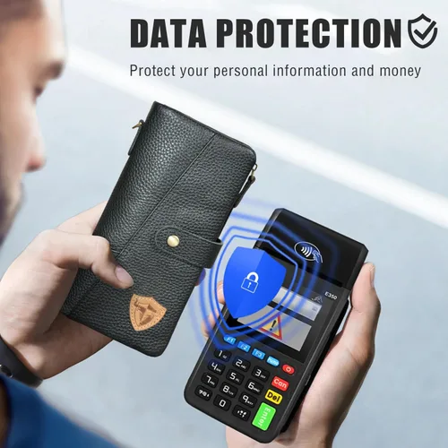 Vista 3 de Genuino caballo loco cuero viaje regalo moneda bolsillo tarjeta caso largo organizador cadena Rfid monedero con broche para hombres hombres 1803