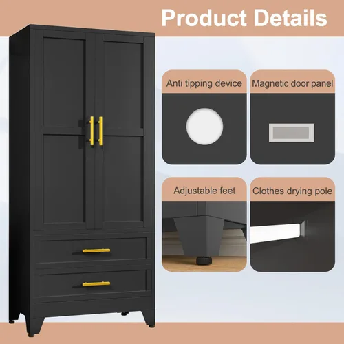 Vista 4 de PAOFIN Armario de metal negro de 71 pulgadas, armario de almacenamiento de ropa para dormitorio con 2 cajones y barra para colgar, armario