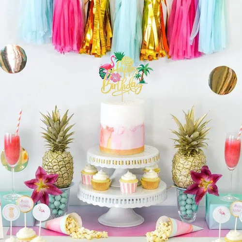 Vista 5 de 1 pieza de decoración de pastel de flamenco con purpurina para palmera, tortuga, hoja, flor, piña, flamenco, decoración para tartas tropicales