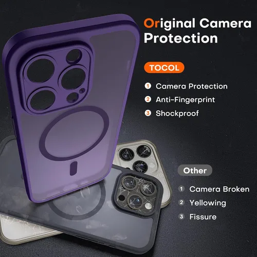 Vista 699 de TOCOL Funda magnética 3 en 1 para iPhone 15 Pro, mejorada [protección completa de cámara] con 2 protectores de pantalla, compatible con MagSafe Gris
