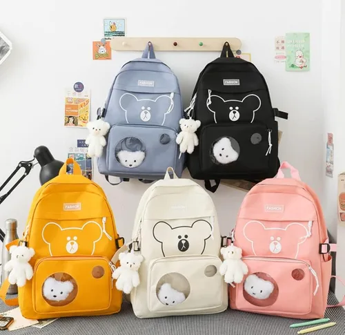 Vista 7 de Mochila de viaje con diseño de oso lindo para mujer, 5 piezas, con colgante kawaii, animé japonés, mochila escolar, Negro