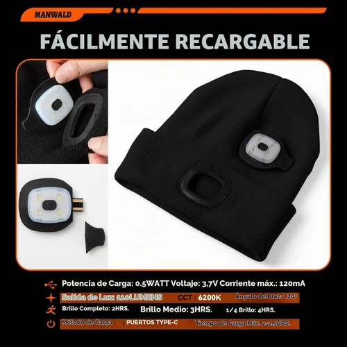 Vista 3 de MANWALD Gorro de LED con luz, gorro con linterna recargable por USB, regalos para Navidad, calcetines de navidad para hombres, Negro, Talla única