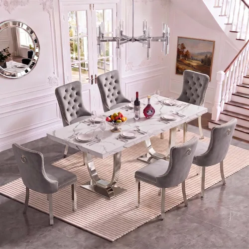 Vista 18 de Henf Mesa de comedor rectangular de mármol sintético blanco de 70 pulgadas Blanco & Oro