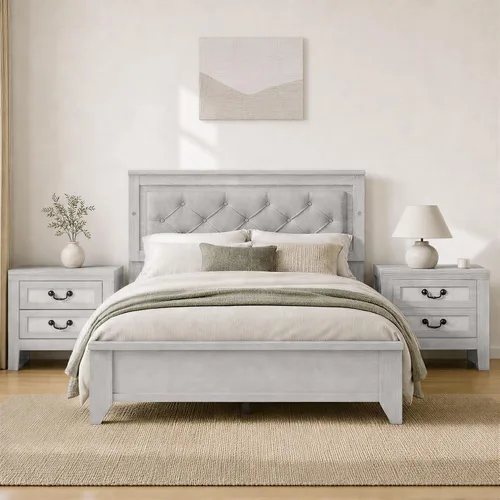 Vista 14 de KISLOT Base de cama LED tapizada con juego de mesitas de noche, color crema