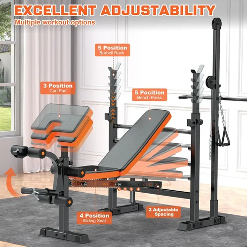 Vista 2 de Fostoy 880lbs Weight Bench Set with LAT Pulldow, Bench Press Rack with Leg Extension/Curl and Preacher Curl, 8 in 1 Olympic Weight Benches for Home