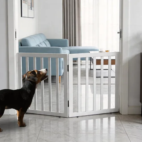Vista 27 de Puerta para perros para interiores, valla independiente para perros, para la casa, puertas, pasillos o escaleras, puerta para mascotas plegable