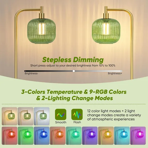 Vista 3 de Lámpara de pie inalámbrica para sala de estar, lámpara de pie con batería Oro cepillado y verde (Mando a distancia)