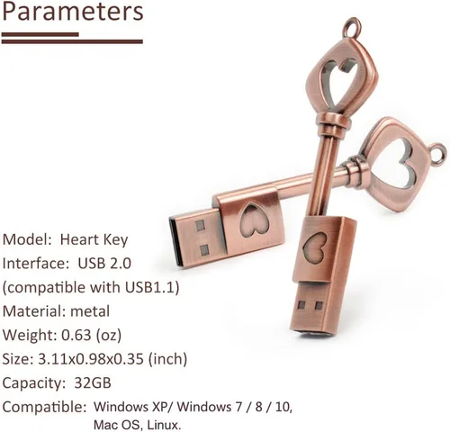 Vista 3 de BorlterClamp - Linda unidad flash USB de 32 GB en forma de llave de corazón con caja de regalo