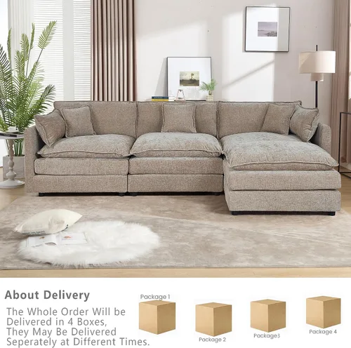 Vista 5 de Setawix Sofá Profundo de 3 Plazas con Otomana, Sofás de Nube en Forma de L de 112.2" para Sala de Estar, Sofá de Nube de Chenilla con Asiento Café