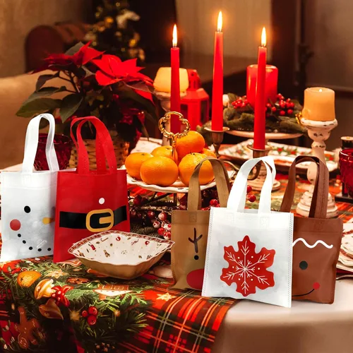 Vista 6 de FHzytg Paquete de 20 bolsas de regalo de Navidad, bolsas de favor de fiesta de Navidad con estampado de hombre de jengibre, muñeco de nieve, reno