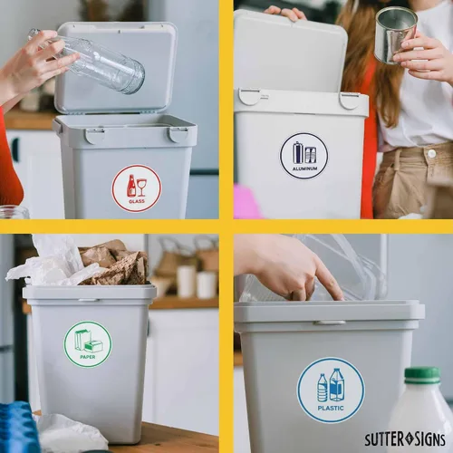 Vista 4 de Sutter Signs Calcomanías de reciclaje para papelera, 3.5 pulgadas de ancho, 5 calcomanías de reciclaje para contenedores de plástico, papel