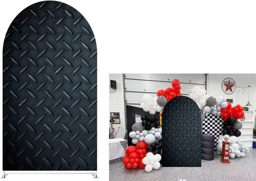Vista 10 de Fundas de fondo de arco con textura de cuadros blancos y negros, bandera a cuadros de 2.5 x 6 pies, fondo de pared elástico para fotografía
