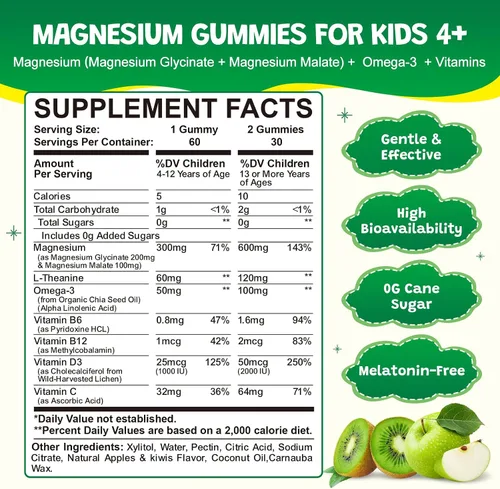 Vista 2 de Gomitas de glicinato de magnesio para niños y adultos, malato de magnesio sin azúcar con L-teanina, omega-3, vitamina D3, B6, B12, C - sueño, calma
