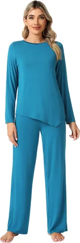 Vista 23 de WiWi Conjunto de pijama para mujer, súper suave, manga larga, ropa de dormir, ropa de dormir, ropa de descanso, viscosa de bambú, S-XXL A-aqua