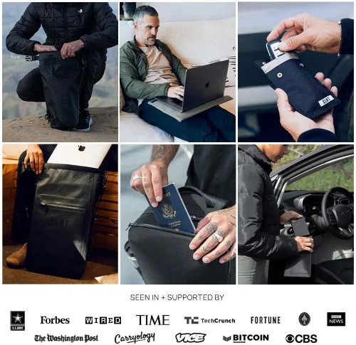 Vista 6 de SLNT - Cartera de piel napa con bloqueo de señal RFID y NFC, doble pliegue, asegura tu información, evita piratería y robo de identidad, 6 ranuras