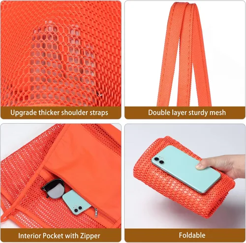 Vista 3 de WantGor Bolsa de malla de playa, bolso de compras para mujer, bolso de compras para mujer, bolso de viaje casual, bolsas de hobo plegables de gran