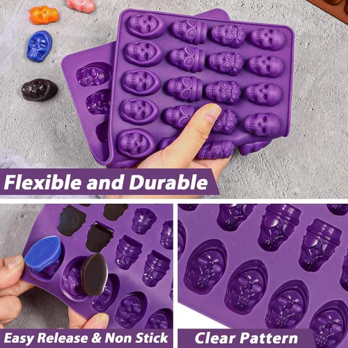 Vista 4 de Webake Mini Molde de Caramelo de Calavera con 4 Formas Diferentes, Molde de Silicona para Dulces y Chocolate con Calavera de Halloween de 36