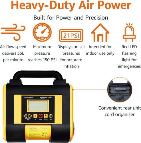 Vista 4 de Amazon Basics Inflador portátil de neumáticos de coche con medidor de presión digital, 150 PSI, 12 V CC, negro