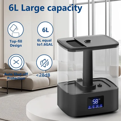 Vista 2 de KZF Humidificador ultrasónico para dormitorio, niebla fría ultrasónica de 6 litros, fácil de limpiar, 3 ajustar la humedad, adecuado