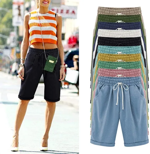 Vista 2 de Vcansion Bermudas de algodón con cintura elástica hasta la rodilla para mujer con cordón A#verde militar