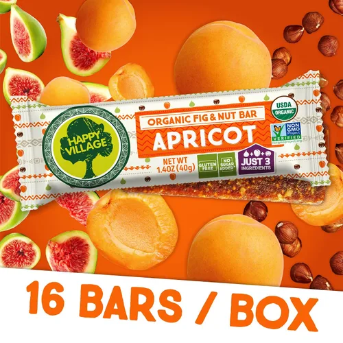 Vista 2 de Happy Village Barra orgánica de higo y nueces, APRICOT, solo 3 ingredientes, sin gluten, sin azúcar añadida, Kosher, sin OMG, vegana, buena fuente