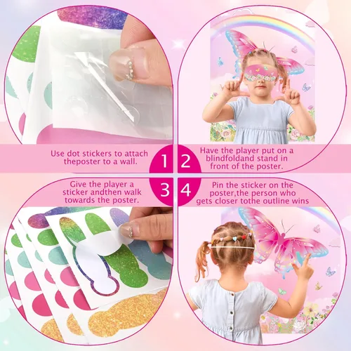Vista 4 de PLULON Juego de Poner la Cola a la Mariposa para Niños, Póster de Juego de Cumpleaños de Mariposa para Niños y Niñas, Regalos de Fiesta