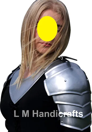 Vista 2 de Par de hombreras con gorjea, diadema de disfraces, espartana plateada, armadura de fantasía femenina, ideal para LARP, Halloween, obras teatrales