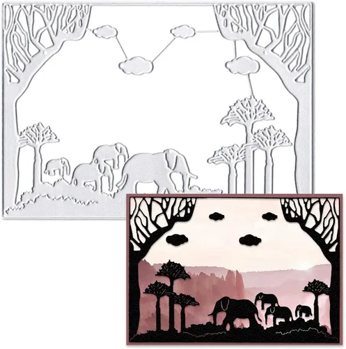 Vista 6 de Troqueles de corte de fondo de elefantes, animales, marco de fondo, troqueles para hacer tarjetas, fondo de árboles, troquelado, plantilla