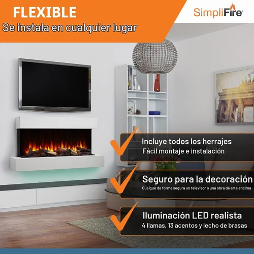 Vista 3 de SimpliFire Format Chimenea eléctrica de montaje en pared de 36 pulgadas con repisa flotante de 43 pulgadas (SF-FORMAT36-SF-FM43-WH)