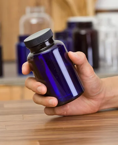 Vista 3 de JUVITUS Paquete de 6 botellas de plástico PET cobalto de 8 onzas con tapa acanalada negra + etiquetas