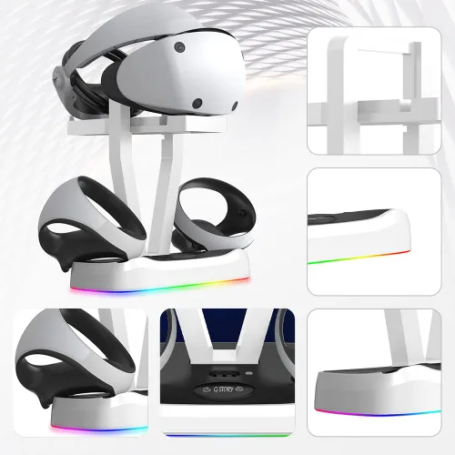 Vista 6 de G-STORY Base de carga para controlador PSVR2, base de luz RGB estación de carga vertical con soporte de auriculares VR, cargador PS VR2