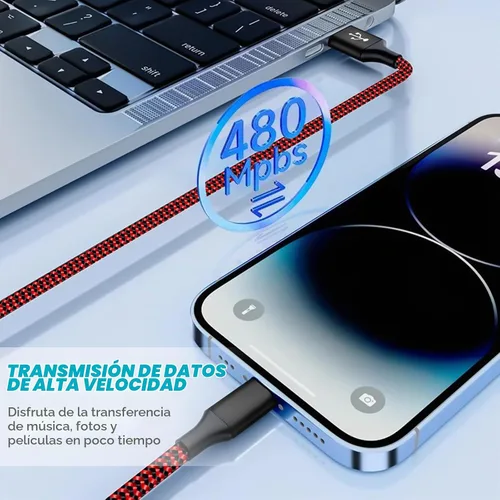 Vista 6 de Paquete de 3 cables de carga para iPhone con certificación MFi de 6 pies, color rojo
