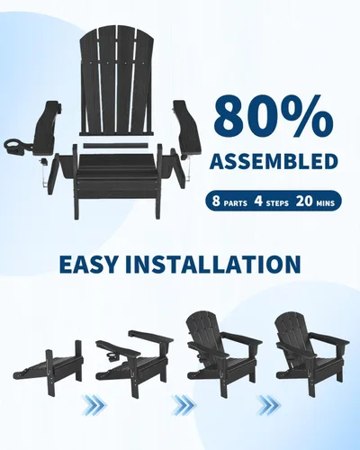 Vista 8 de Juego de 2 sillas Adirondack plegables HDPE con mesa auxiliar, color negro