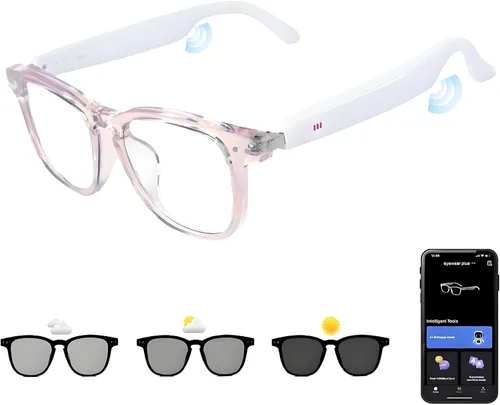 Vista 9 de Lentes inteligentes AI, lentes de traducción Bluetooth anti luz azul con 164 llamadas manos libres y audio, lentes de sol inteligentes